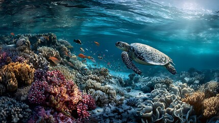 Fototapeta premium A Coral Reef Half Colorful And Alive With Tropical Fish, Half Bleached White And Dead With Floating Plastic, A Lonely Sea Turtle Caught Between Both Sid