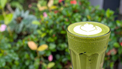 Refreshing Matcha Latte with Latte Art in a Glass