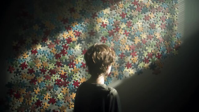 Autism, neurocomplexity and neurodivergency concepts. Artistic video thumbnail featuring a thoughtful child in soft sunlight, colorful puzzle wall, and creative atmosphere.
