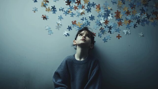 Asperger, Autism, neurocomplexity and neurodiversity concepts. Surreal video thumbnail of a child with puzzle pieces floating from their head, symbolizing imagination, creativity, and introspective.