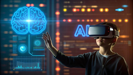 Boy Experiencing Artificial Intelligence in Virtual Reality with Futuristic Glowing Brain Interface and Advanced Data Visualization in a Simulated Environment