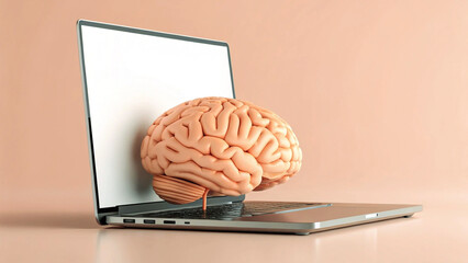 Brain emerging from a laptop screen representing artificial intelligence cognitive computing and the future of technology and knowledge processing in the digital age