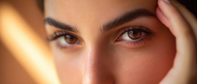 The mesmerizing gaze of a beautiful woman with striking eyes and flawless skin.