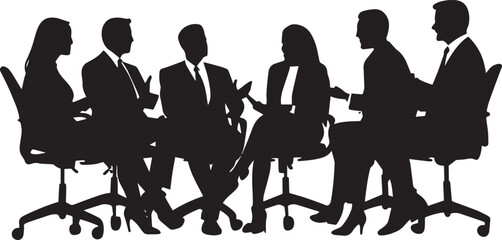 Team Discussion Silhouette A group of business people sitting, actively discussing a topic or plan of action. full length silhouette black vector illustration