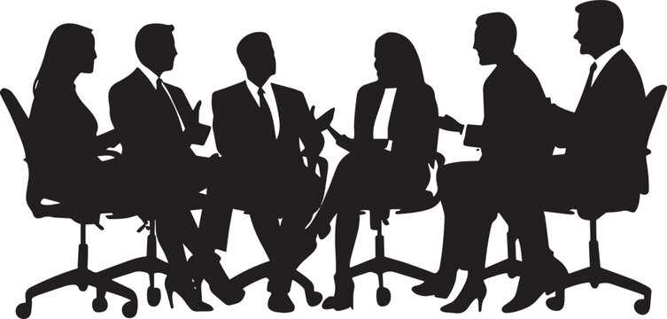 Team Discussion Silhouette A group of business people sitting, actively discussing a topic or plan of action. full length silhouette black vector illustration