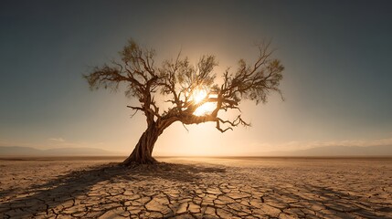  An Isolated Dying Tree Standing Alone On Cracked Desert-Like Ground Stretching To The Horizon, Sun Glaring With Golden Haze, No Vegetation Anywhere, Dr