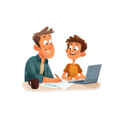 Happy Father and Son Working Together on Homework at Home