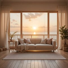 Fototapeta premium Cozy Living Room with an Ocean View, Large Windows and Comfortable Relaxation Space in Natural Tones