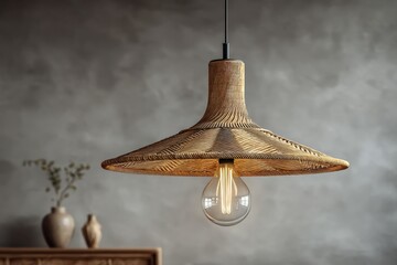 Elegant straw pendant lamp illuminating a room with a modern yet rustic design aesthetic