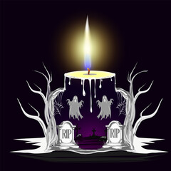 Fototapeta premium Dark Halloween illustration with a glowing candle, dripping wax, haunted graveyard, ghosts, and eerie trees, perfect for spooky holiday designs.