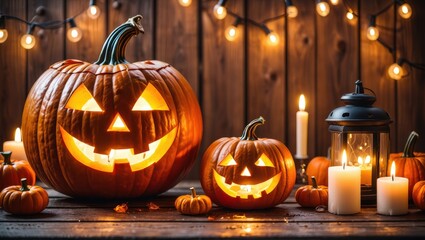 Obraz premium A Festive Display of Carved Pumpkins Illuminated by Soft Candlelight, Perfect for Celebrating the Halloween Spirit in a Warm Autumn Setting