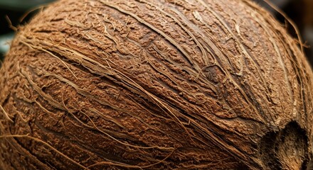 Close-up of a coconut showcasing its rough husk texture and natural brown tones