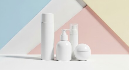 White Cosmetic Bottles with Geometric Background