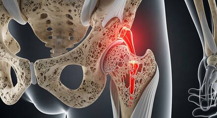 Anatomical 3D Illustration of a Painful, Osteoporotic Hip Joint with Glowing Red Inflammation.