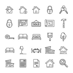 Assorted real estate and home related line icons arranged in a grid pattern on a white background
