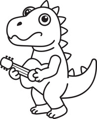 Funny baby dino character holding ukulele in kawaii cartoon style. Ideal for children’s artwork, nursery design, and educational graphics