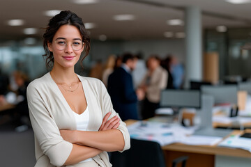 Confident hispanic businesswoman smiling with arms crossed in modern office