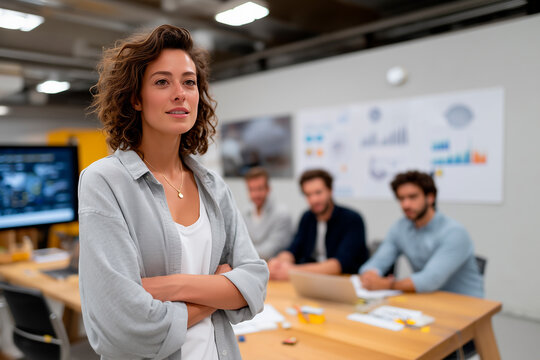 Confident hispanic businesswoman leading business meeting in modern office