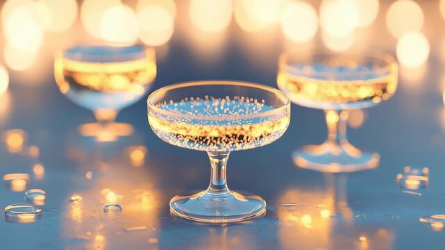 Elegant glasses filled with sparkling drink, surrounded by glowing lights, create festive atmosphere
