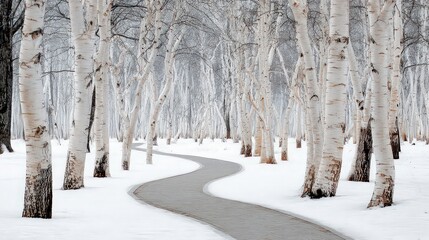 Snowy Birch Forest Winding Path