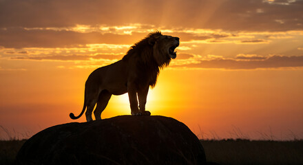 Majestic Lion Silhouette Roaring at Sunset on Pride Rock