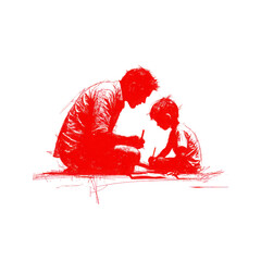 Obraz premium Red Silhouette of Father and Child Learning Together