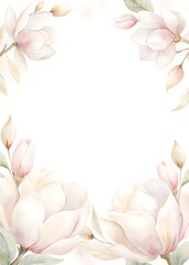 Naklejka premium Delicate Watercolor Card Border with Pink Magnolias, Ivory Blossoms and Olive Leaves 123