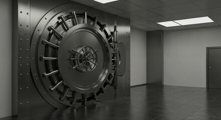 Grand steel vault door with polished details in a secure bank interior