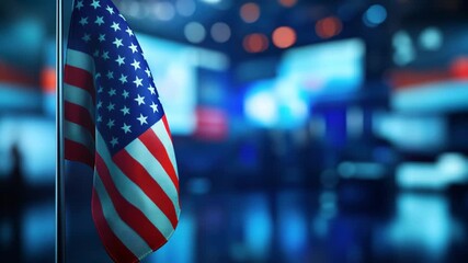 American flag in newsroom with blurred screens in background - Powered by Adobe