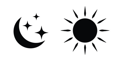 Black vector drawing on white background. Sun, moon and star icon on white background. EPS 10.  Modern isolated vector icon set.  Vector icon set on white background.  isolated art work. 