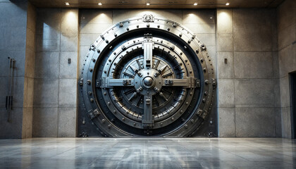 Obraz premium Grand steel vault door with polished details in a secure bank interior