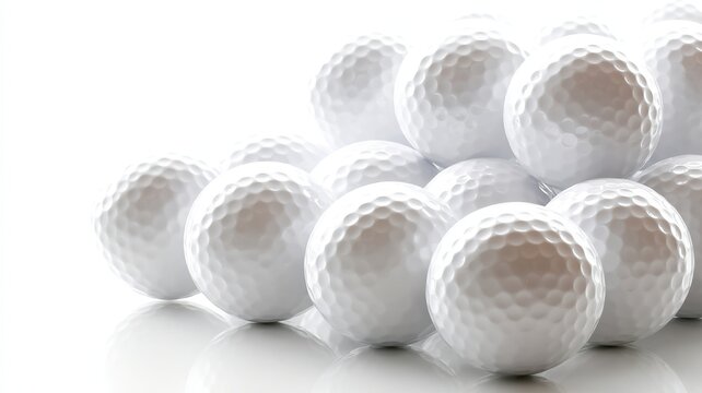 Cluster of Golf Balls Close-Up on Pure White Background with Subtle Reflections and Product Lighting Creating Professional Sport Equipment and Commercial Display