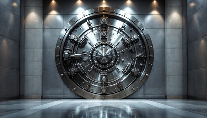 Grand steel vault door with polished details in a secure bank interior