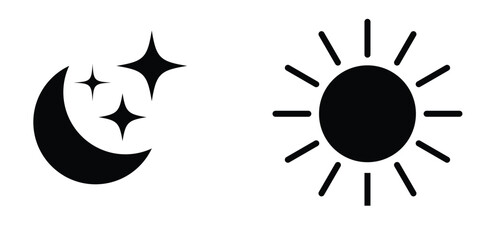 Black vector drawing on white background. Sun, moon and star icon on white background. EPS 10.  Modern isolated vector icon set.  Vector icon set on white background.  isolated art work. 