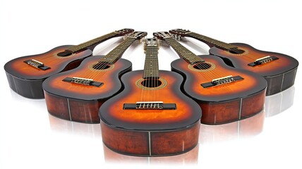 Six Acoustic Guitars in Symmetrical Balanced Formation on Blurred White Background with 45 Degree Top Angle for Music Education and Advertising