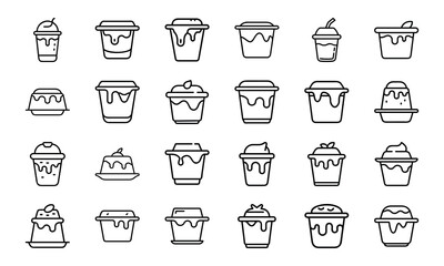 Collection of black and white food and drink icons, coffee, tea, candy, chocolate, ice cream, snacks, pizza, popcorn, pretzel, sausage, fried egg, milkshake, cold drinks, breakfast and dessert line ve