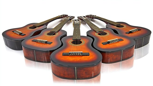Six Acoustic Guitars in Symmetrical Balanced Formation on Blurred White Background with 45 Degree Top Angle for Music Education and Advertising
