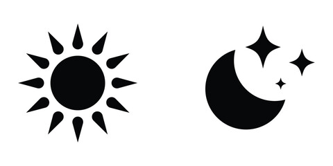 Black vector drawing on white background. Sun, moon and star icon on white background. EPS 10.  Modern isolated vector icon set.  Vector icon set on white background.  isolated art work. 