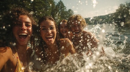 Obraz premium Joyful diverse friends splashing in lake on sunny summer vacation