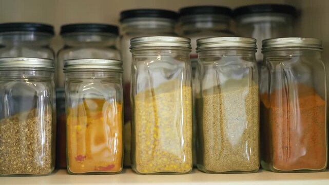 Jars of colorful spices stored in a kitchen cabinet shelf.