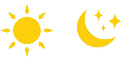 Bright vector drawing on white background. Sun, moon and star icon on white background.   Modern isolated vector icon set.  Vector icon set on white background.  isolated art work. 