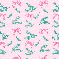 Hand drawn Christmas holiday pattern. Pink background with fir tree, bow and snowflake. Cute wrapping paper for holiday design.