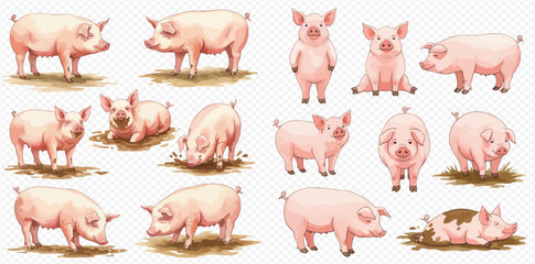 A charming collection of illustrated pink pigs and piglets in various poses like standing, sitting, eating, and playing in mud, isolated on a transparent background. © studio