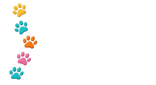 modern cat or dog pawprint trail on the left against a white background, seamless pattern of paw prints, with copy space on the right for text. ,isolated on bright background, 3d cartoon illustration,