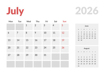 Monthly page Calendar Planner Template design of July 2026. Vector layout of calendar with week start Monday for Scheduling. Page for size A4 or 21x29.7 cm