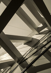 Architectural Lines: An artistic exploration of structural design elements, showcasing geometric shapes, dramatic shadows, and a play of light within a modern architectural space.