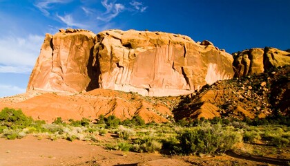 Fototapeta premium A vast, sun-drenched landscape showcases a dramatic sandstone mesa, sculpted by time and nature, bathed in warm sunlight.