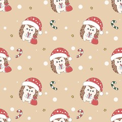 Christmas Hedgehog in Santa Hat with Gift Box and Red Bag