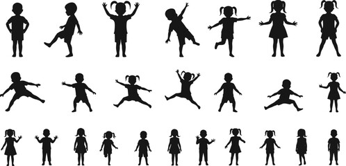 Collection of diverse black silhouette icons of children in various poses and activities kids