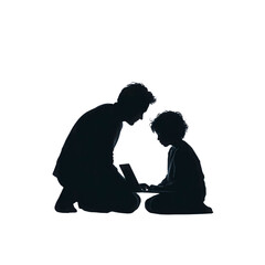 Father and Son Sharing a Laptop in Silhouette